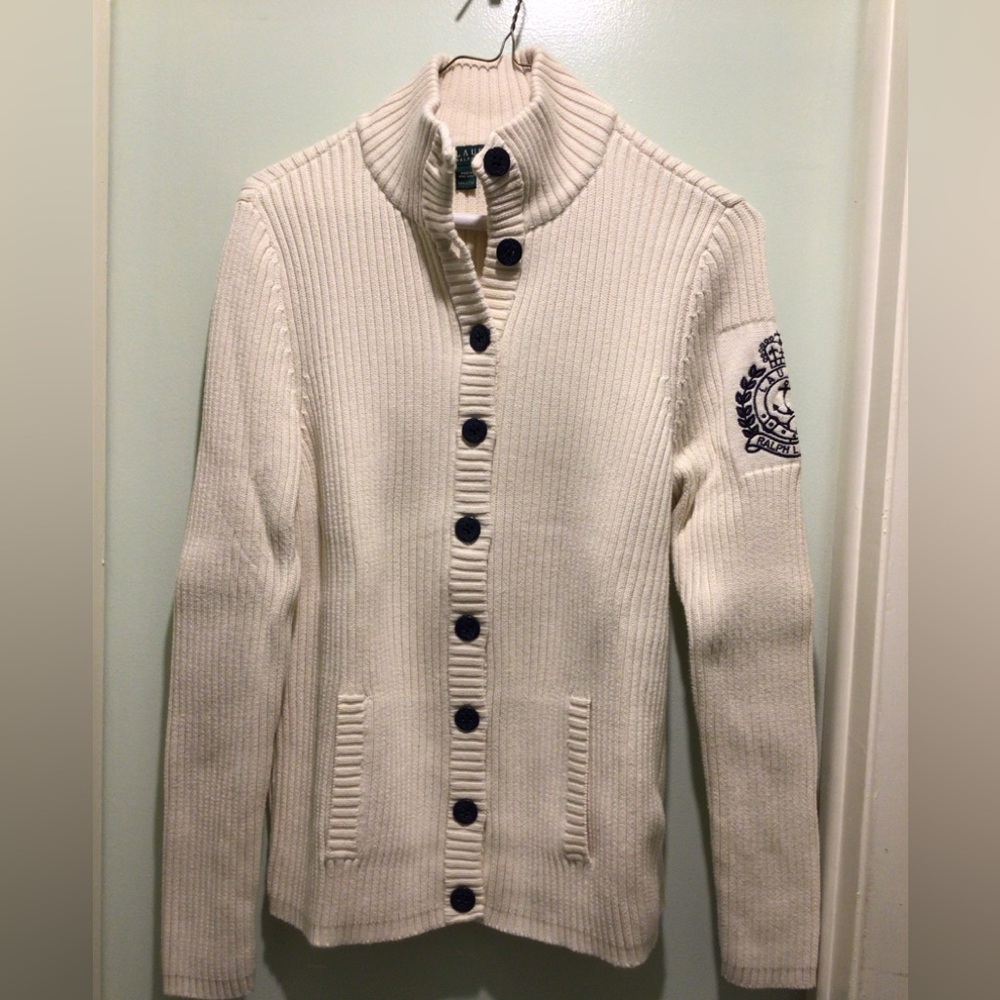 Retro Ralph Lauren Cream Button-Up Cardigan with Embroidered Patch